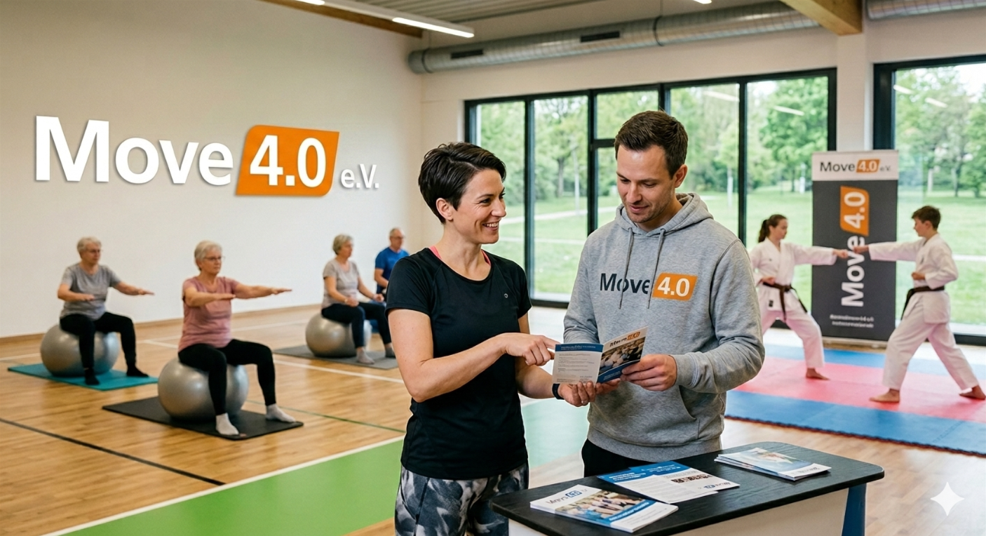 Ein heller, moderner Sportraum, in dem verschiedene Altersgruppen aktiv sind. Im Vordergrund stehen eine Frau und ein Mann in Sportkleidung mit dem Logo 'Move 4.0' und unterhalten sich über einen Flyer. Im Hintergrund machen ältere Personen Übungen auf Gymnastikbällen, während zwei jüngere Personen in weißen Karate-Gis Kampfsport trainieren. Ein großes Logo 'Move 4.0 e.V.' ist an der Wand sichtbar.